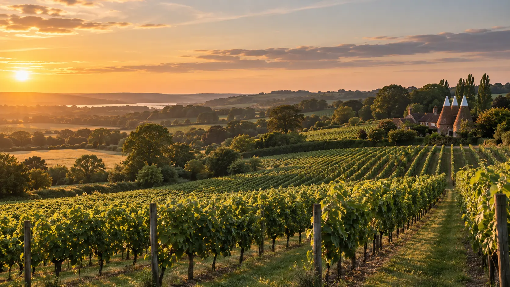 Vineyard rows across the Kent countryside at sunset