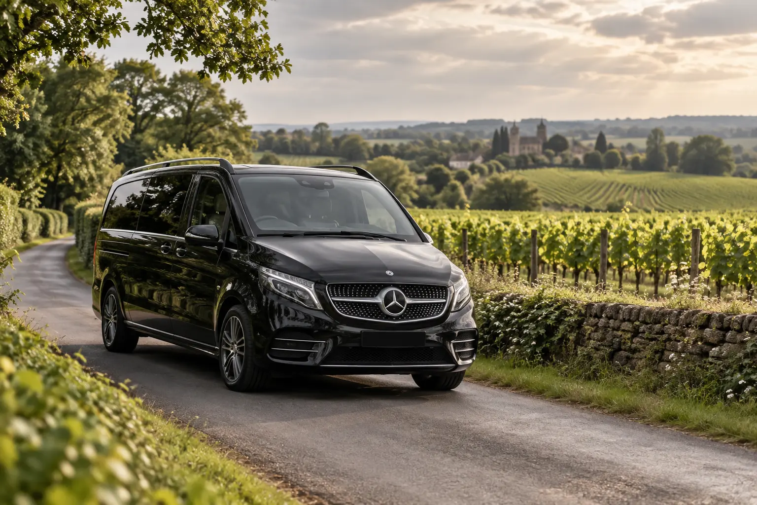 Luxury black chauffeur vehicle beside a vineyard in the Kent countryside