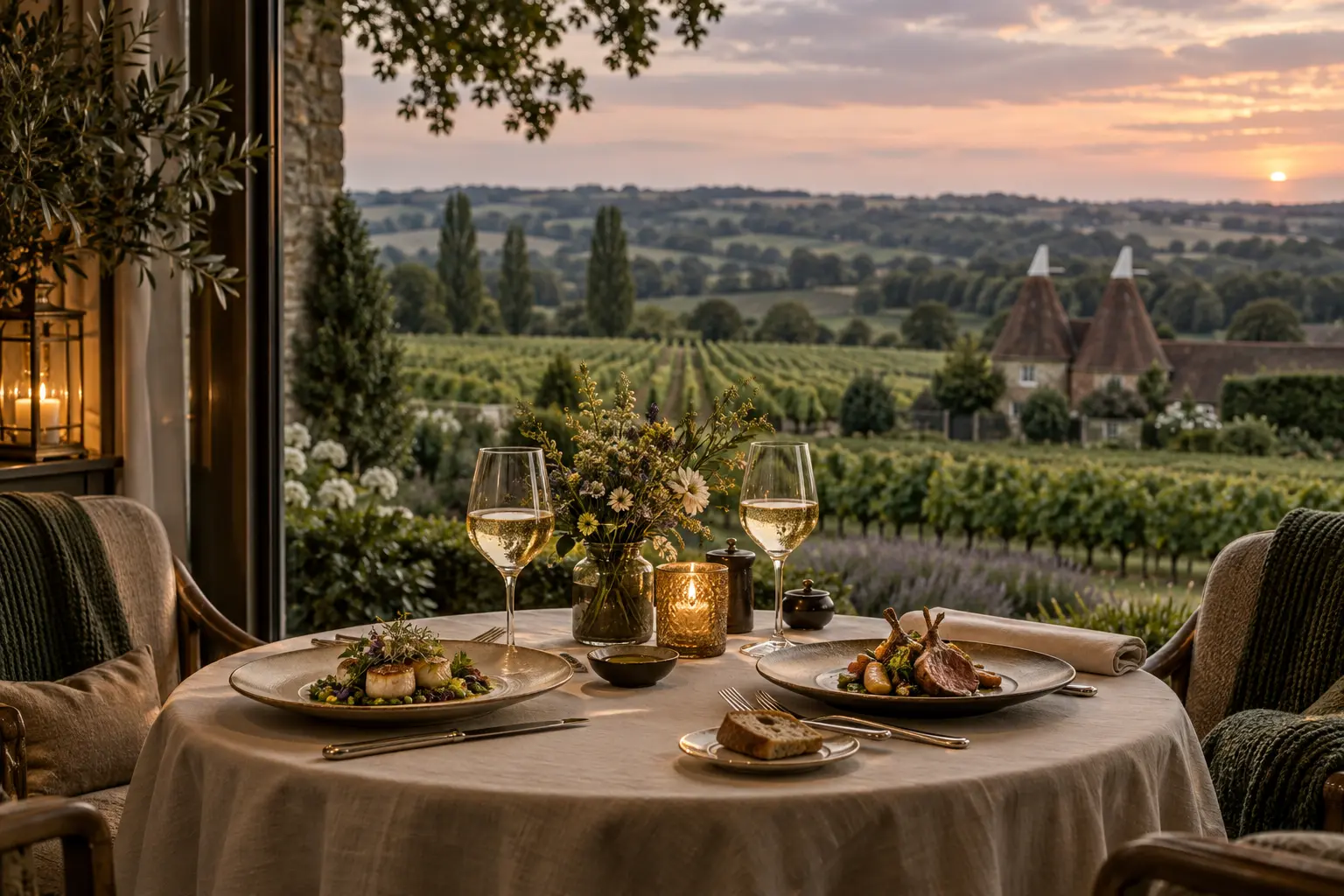 Fine dining table overlooking a Kent vineyard and oast houses